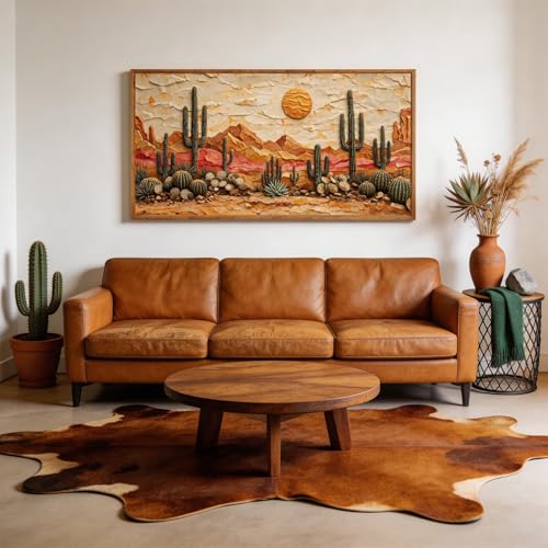 3D Textured Cactus Arizona Desert Framed Canvas Wall Art 40x20 Inch