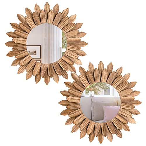 Boho Wall Decor Mirror 2 Pack Rustic Wood Mirror 12 inch Boho Mirror Home Decor Farmhouse Room Decorations for Bedroom Living Room Carbonized Black (2 Count)