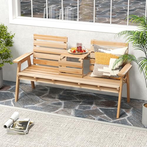 Outdoor Fir Wood Bench with Foldable Middle Table
