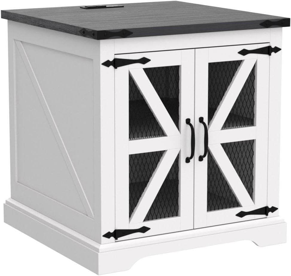 JXQTLINGMU Farmhouse End Table, 24" Large Sofa Side Table with Charging Station, Mesh Barn Door, and Adjustable Storage Shelf, Rustic Wood Square Nightstand for Living Room, Bedroom, Office, White (사본) (사본)