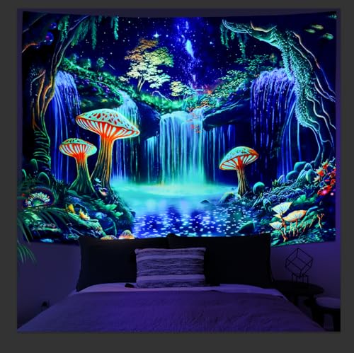 Blacklight Forest Tapestry UV Reactive Waterfall Tapestries Starry Sky Tapestry Fantasy Nature Plant Landscape Wall Hanging Decor for Home