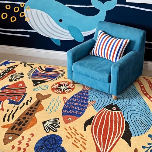5x7 Coastal Area Rug Washable Kids Rug Colorful Ocean Fish Mat (35 Sq Ft)