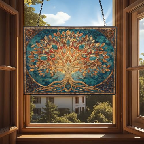 Rectangle Mosaic Sacred Geometry Tree of Life Stained Glass Suncatcher Window Hangings