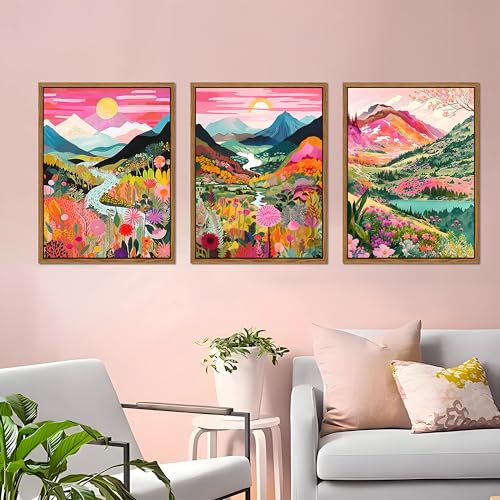 Floating Framed Boho Colorful Mountain Wall Art Set of 3 (3 Count)