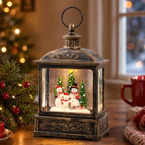 Christmas Snow Globe Swirling Glittering Snowman Family with Music & Timer
