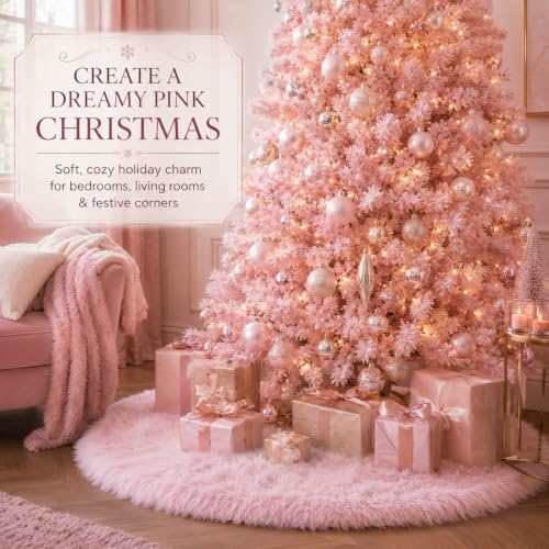 48 Inch Faux Fur Christmas Tree Skirt Pink Plush Skirt for Merry Christmas Party Christmas Tree Decoration