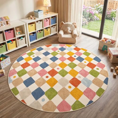 8ft Kids Round Rug Washable Classroom Rug Colorful Checkered Mat (50.27 Sq Ft)
