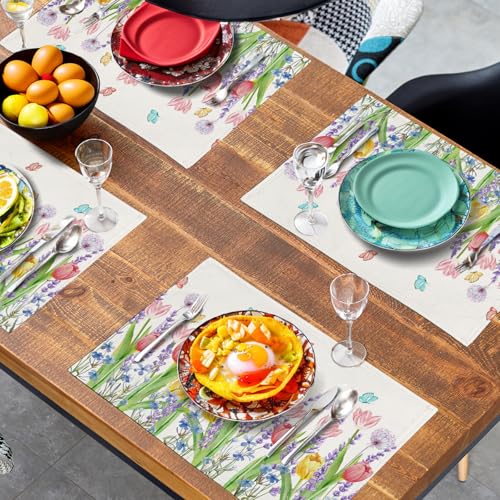 Tulip Placemats Set of 4 Spring Summer Flowers Tulips Lavender Place Mats Watercolor Floral Dandelion Butterfly Non