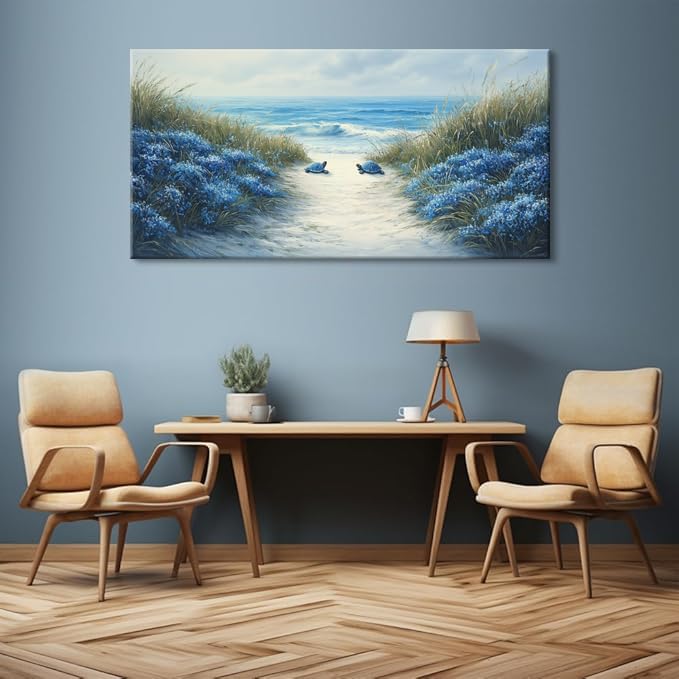 Romantic Beach Wall Art for Living Room Blue Sea Turtle Lovers Canvas Painting Prints Ocean Sandy Romance Flowers Large Bedroom Office Decor Artwork