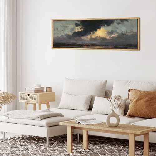 Large Framed Canvas Print Wall Art Dramatic Sunset Clouds Antique Retro Fine Art Illustrations Decorative Colorful for Bedroom