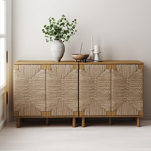 Beacon Accent Natural Sideboard Storage Cabinet TV Stand in Light Wood with Adjustable Interior Shelf and Seagrass Doors