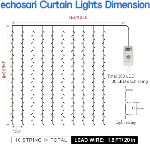 9.8Ft×9.8ft Curtain Lights Battery Operated with Remote Cool White (300 Count)