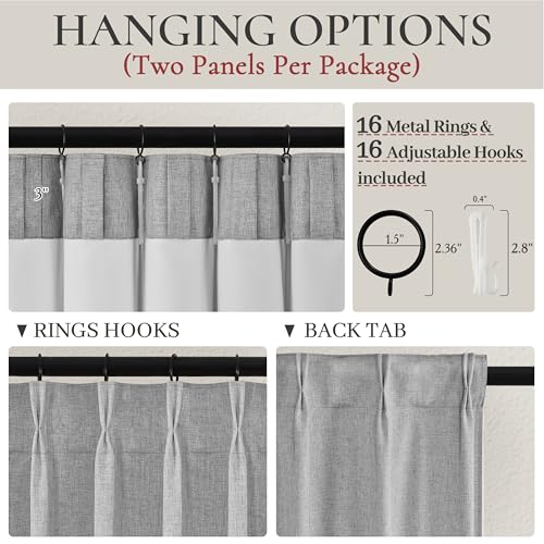 Gray Pinch Pleated 96 Inch Curtains 2 Panel Set for Living Room (2 Count)