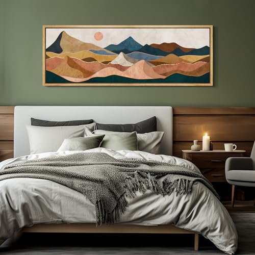 Large Framed Canvas Print Wall Art Desert Peaks Colorful Geometric Mountain Illustrations Antique Retro Fine Art Illustrations Decorative Colorful for Bedroom