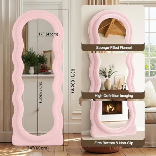 Full Length Mirror 63"x24" Irregular Wavy Full Body Wall Mounted Floor Mirror with Stand Pink Flannel Frame Leaning Hanging Wall for Bedroom Entrance Hallway