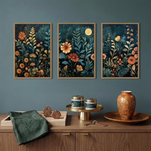 Moody Blue Floral Botanical Framed Canvas Wall Art Set