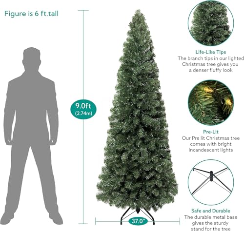 9ft Slim Christmas Tree with Lights Realistic Skinny Pencil Christmas Tree Prelit with 1455 Branch Tips 500 Warm Lights and Metal Stand Aritificial Tree +ürbol De Navidad