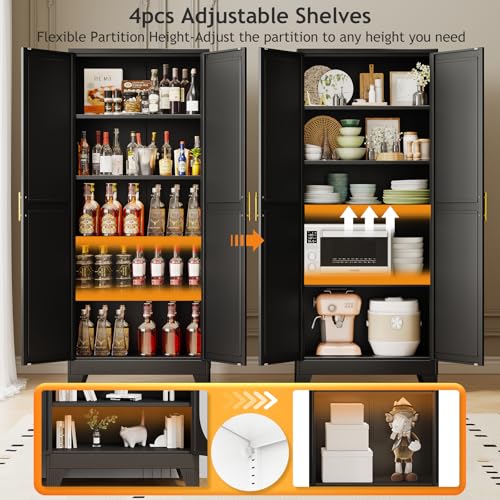 71" Tall Metal Pantry Storage Cabinet with Doors and 4 Adjustable Shelves