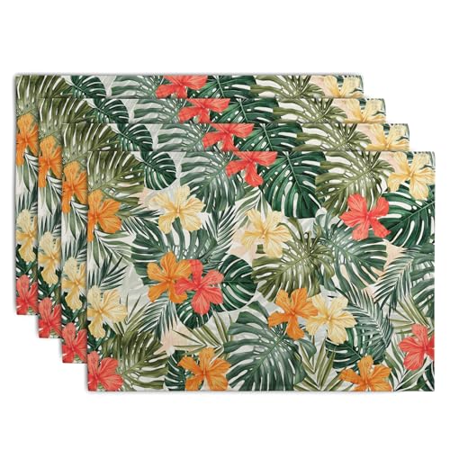 Tropical Palm Leaves Table Mats Set of 4 Summer Watercolor Hibiscus Flower Leaf Placement Mats for Dining Table Washable Non (4 Count)
