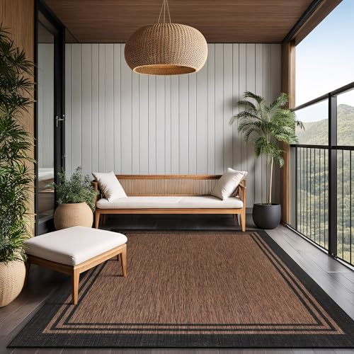 Bordered Outdoor Rug 5x7 Washable Outside Carpet for Indoor Patio Porch Waterproof Easy Cleaning Non Shedding Area Rugs Nut Brown 5 x 7