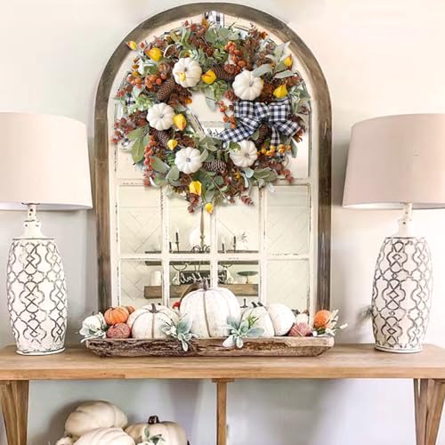 24 Inch Farmhouse Fall Wreath for Front Door with White Pumpkins