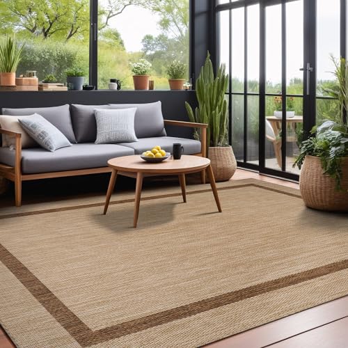 Bordered Outdoor Rug 5x7 Washable Outside Carpet for Indoor Patio Porch Waterproof Easy Cleaning Non Shedding Area Rugs Jute Beige