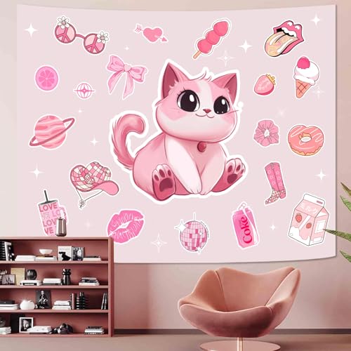 Y2K Tapestry Pink Cat Wall Tapestry