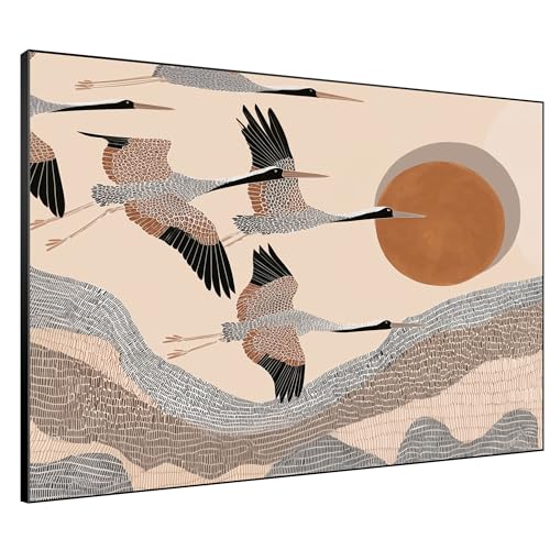 36"x46" Extra Large Framed Wall Art Flying Cranes Over Sunlit Hills Illustration for Home Living Room Bedroom Decor