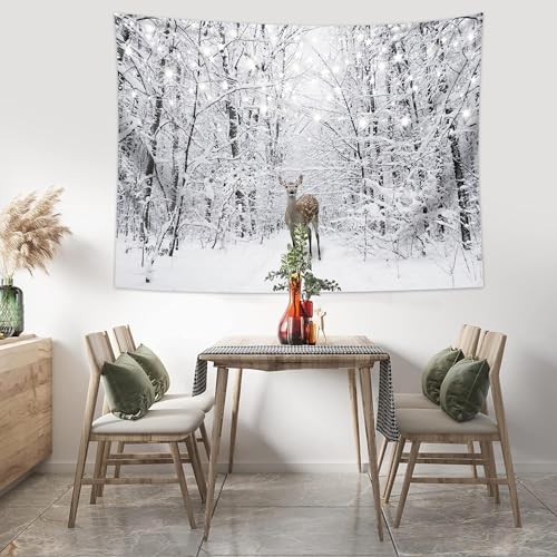 Winter Tapestry Wall Hanging Snow Scene Backdrop Winter Wonderland Wall Decor Snowy Forest Wall Art Nature Woodland Deer Tapestry for Bedroom Room Dorm Party Decoration