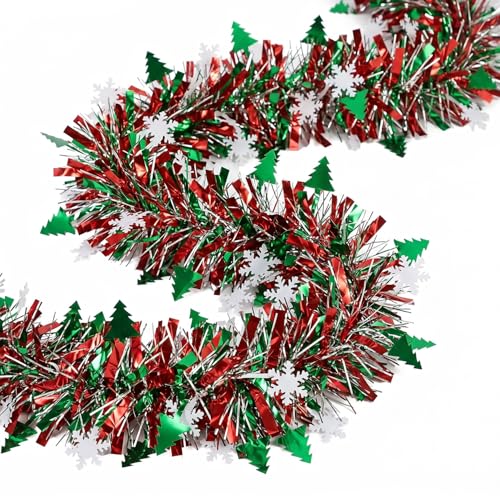 50 Feet Green Red Christmas Metallic Tinsel Twist Hanging Garland with Snowflake Xmas Tree for Home Mantle Xmas Tree Staircase Railing New Year Holiday Party Indoor Outdoor Decorations (50 Foot)