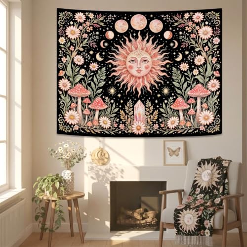 Boho Pink Sun Moon Phase Daisy Flower Mushroom Tapestry 80 x 60 Inch