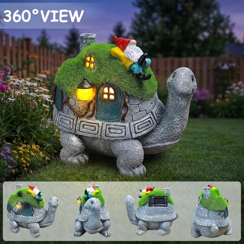 Solar Turtle Garden Statue Lights with Rooftop Lawn Gnome Solar Garden Decor for Outside Yard Balcony Patio Lawn Ornament Home Decor Gifts for Mom Grandma