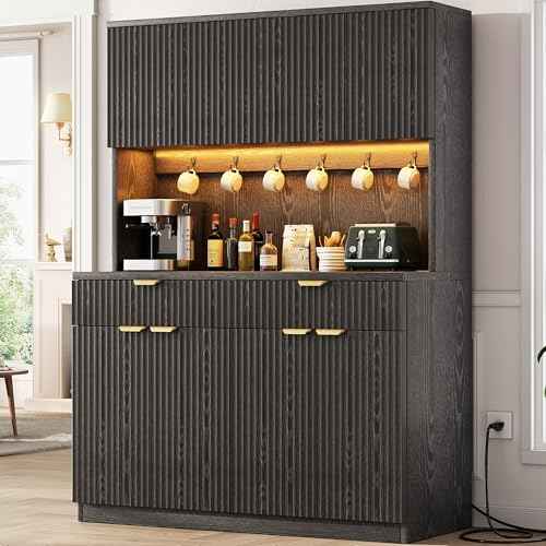 Fluted Kitchen Pantry Storage Cabinet with Charging Station & LED Lights