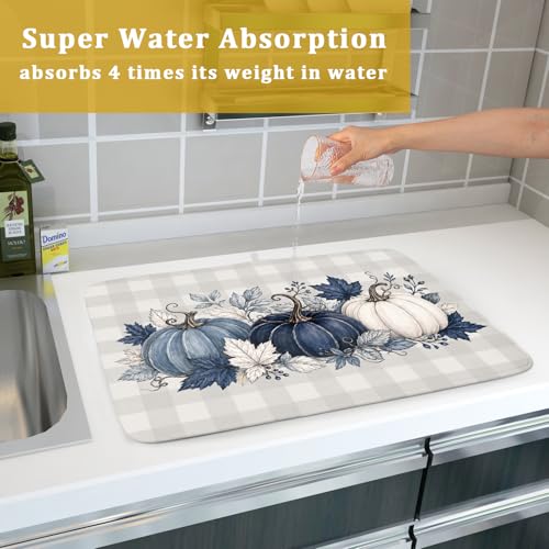 Fall Dish Drying Mat for Kitchen Counter Blue White Pumpkins Grey Plaid Super Absorbent Reversible Microfiber Kitchen Countertop Protector Dishes Pad Large 18x24 inch