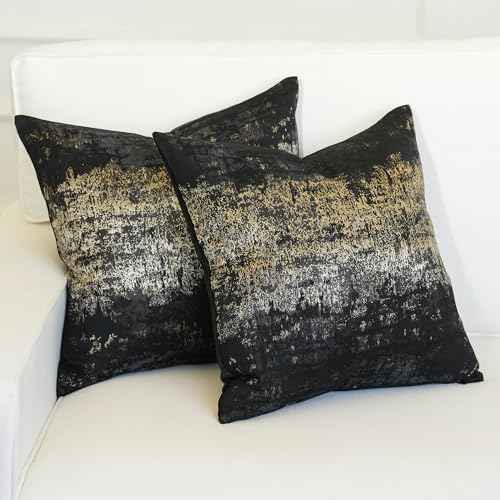 Black Champagne Metallic Jacquard Pillow Covers 20x20 Pack of 2 Velvet Back Modern Glam Sofa Decor (2 Count)