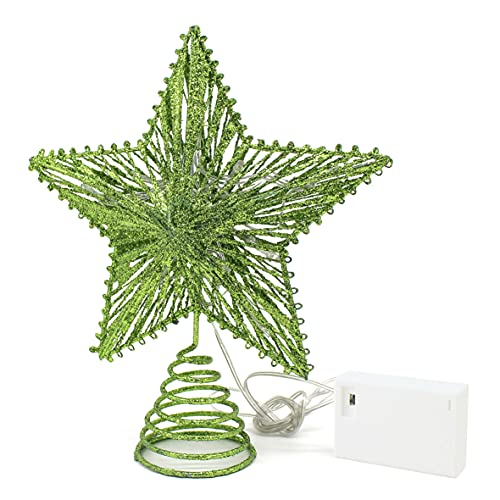 Green Glittered 3D Tree Top Star with Warm White LED Lights and Timer for Christmas Tree Decoration and Holiday Seasonal Décor