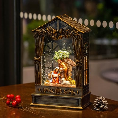 Christmas Snow Globe Swirling Glittering Holy Family Manger Scene