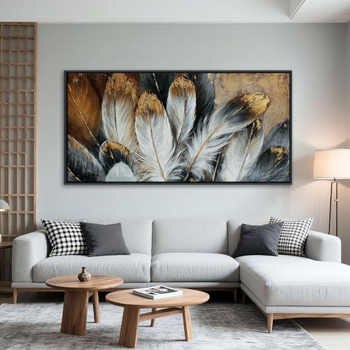 Framed Wall Art Modern Living Room Bedroom Wall Decoration Large Canvas Painting Artwork for Home Decor Gold Brown Feather Picture Ready to Hang 30x60 Size Black Framed