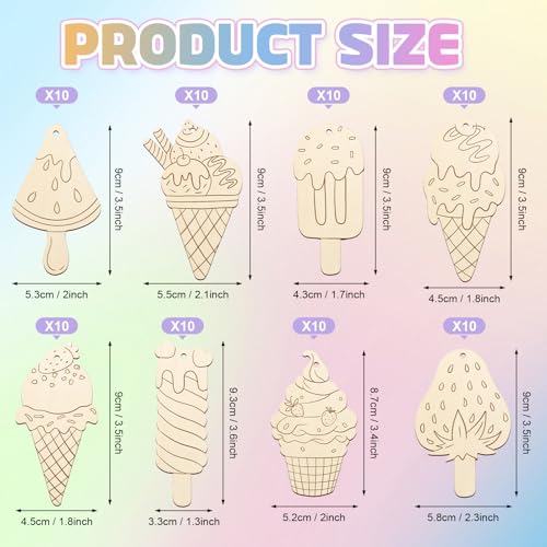 80PCS Wooden Ice Cream Cutouts Ornaments to Paint (80 Count)