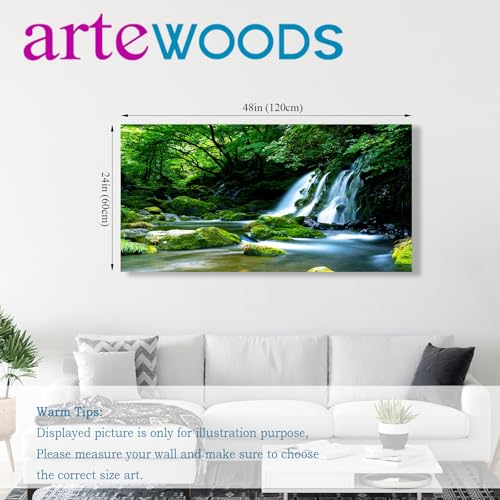 Waterfall Canvas Wall Art Living Room Decoration Large Nature Picture Artwork Modern Landscape Painting Green Forest Prints for Kitchen Office Wall Decor Home Decorations 24" x 48"