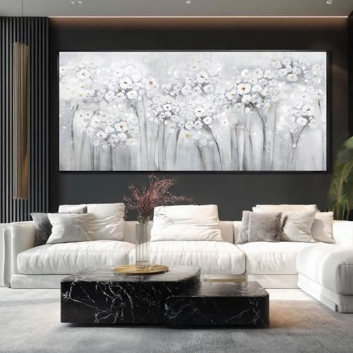 Flower Wood Wall Decor White Wall Art Textured Canvas Painting 32"x70" Decorative Pictures for Bedroom Kitchen Large Artwork