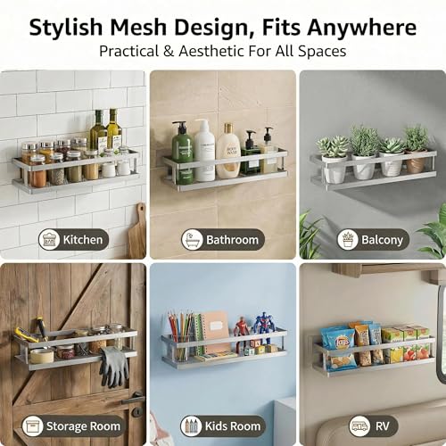 5-in-1 16.5" Extra Long Kitchen Organizer & Shower Caddy Set, Wall Mount Spice Rack with Paper Towel Holder, Utensil Holder & Soap Dish, Rustproof Mesh - Silver Gray, Guardrail