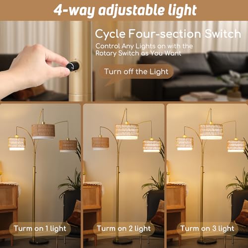 80'' Brushed Gold Rattan Arc Floor Lamp for Living Room