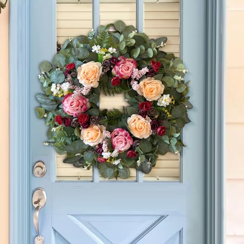 24 Inch Pink Champagne Rose Spring Wreath for Front Door