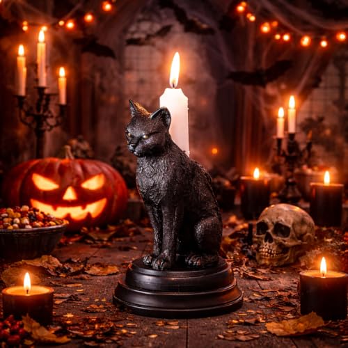 Gothic Black Cat Candle Holder Statue