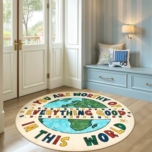 4ft Round Rug Washable Fun Rug You are Worthy Playroom Mat for Kids (12.57 Sq Ft)