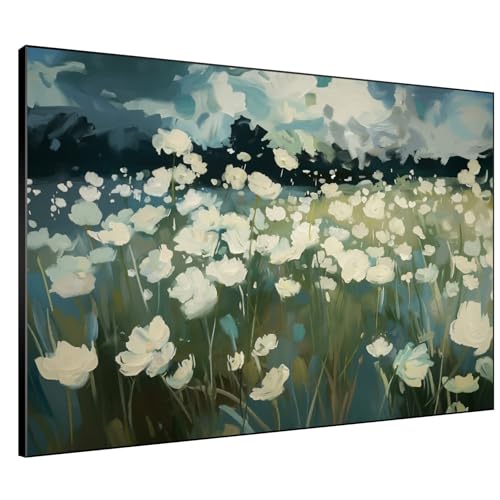 60"x72" Extra Large Framed Wall Art White Wildflower Field in Impressionist Style