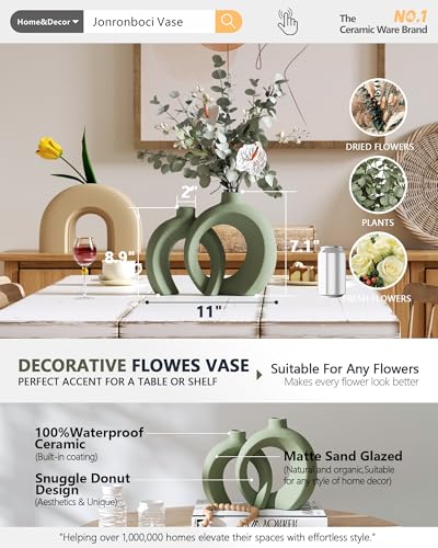 Set of 2 Sage Green Ceramic Vases for Home Decor Accents