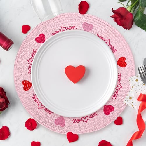 4Pcs Round Valentine Placemats Red Pink Heart Embroidered Place Mats Decorative Dinner Table Mats for Home Wedding Anniversary Party Decor (4 Count)