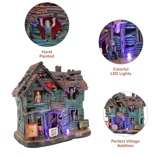 Flesh Eater's Refuge Zombie Theme Spooky Halloween Village Porcelain Colorful LED Lights and Music 7" x 5" x 6.75"